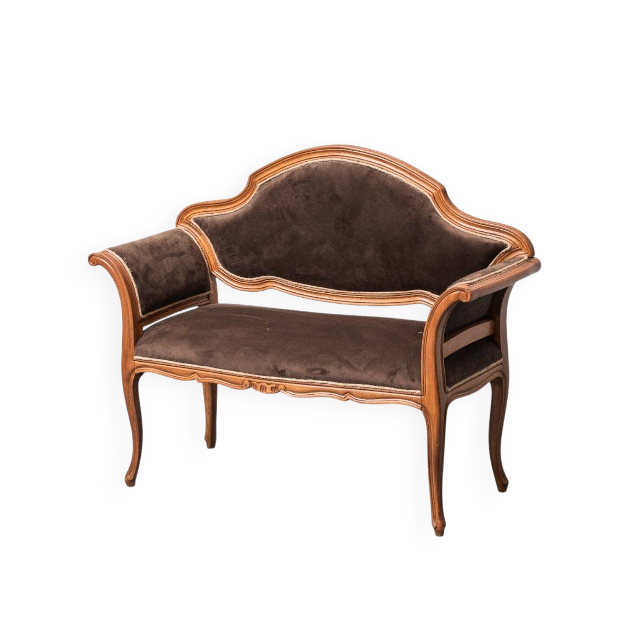 Vintage bench in brown velvet and carved wood, 1950s modernism