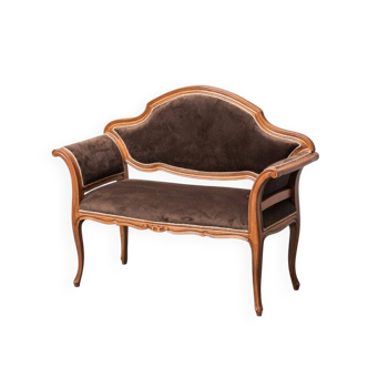 Vintage bench in brown velvet and carved wood, 1950s modernism