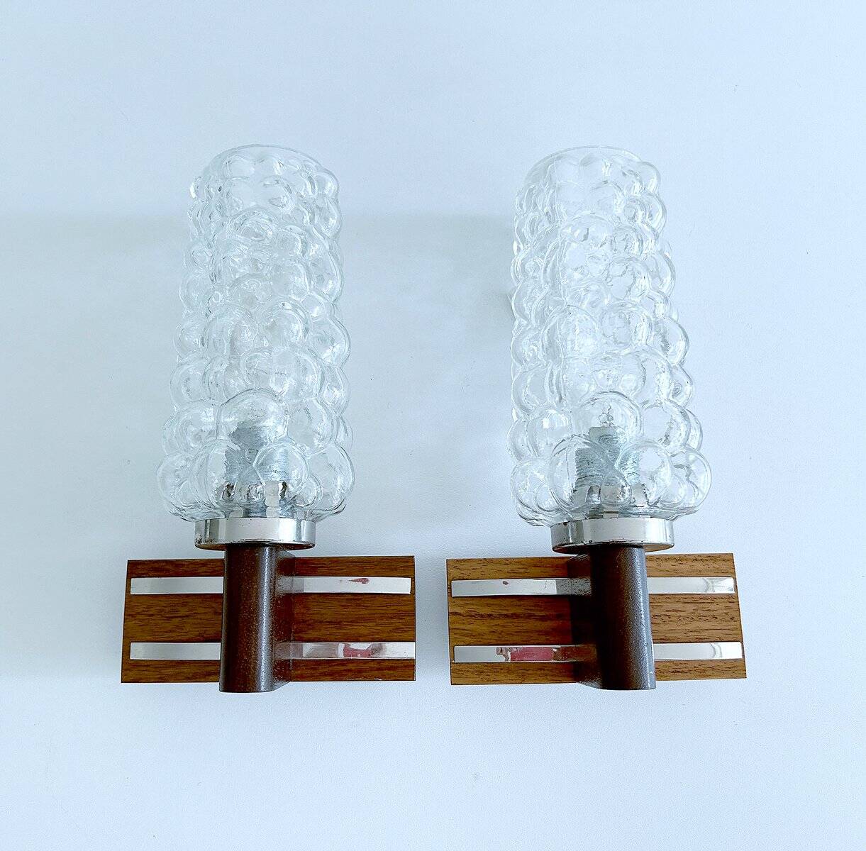 Pair Vintage Danish Bubble Blass Wood sconces