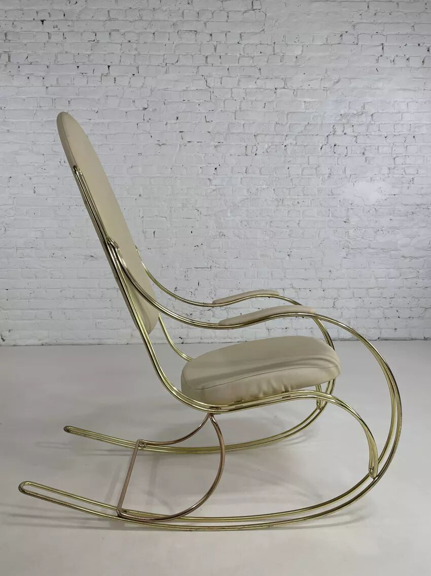 60s rocking chair in brass and ecru faux leather