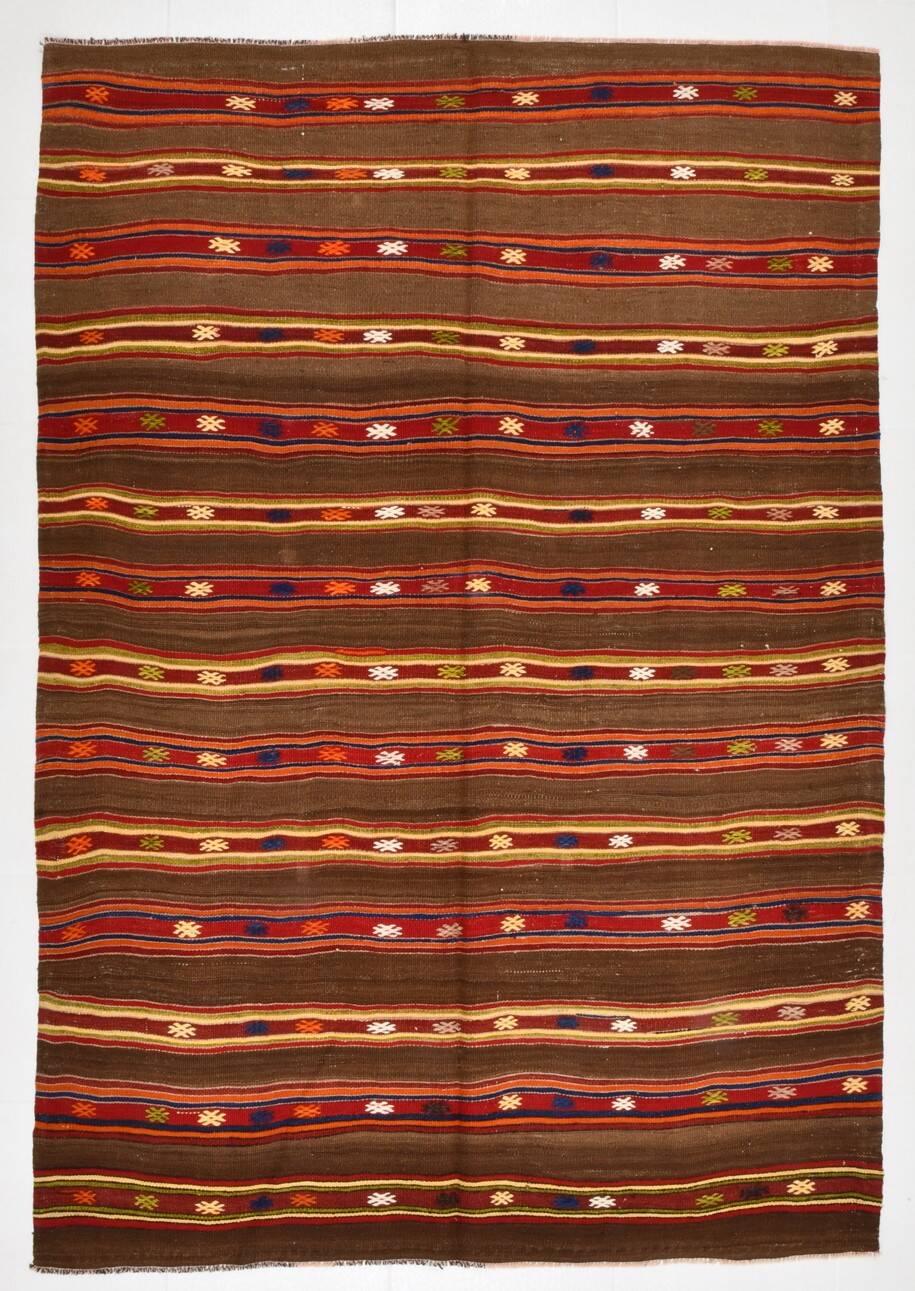 5x7 Soft Brown & Red Mid Century Moderin Turkish Kilim Rug, 153x220