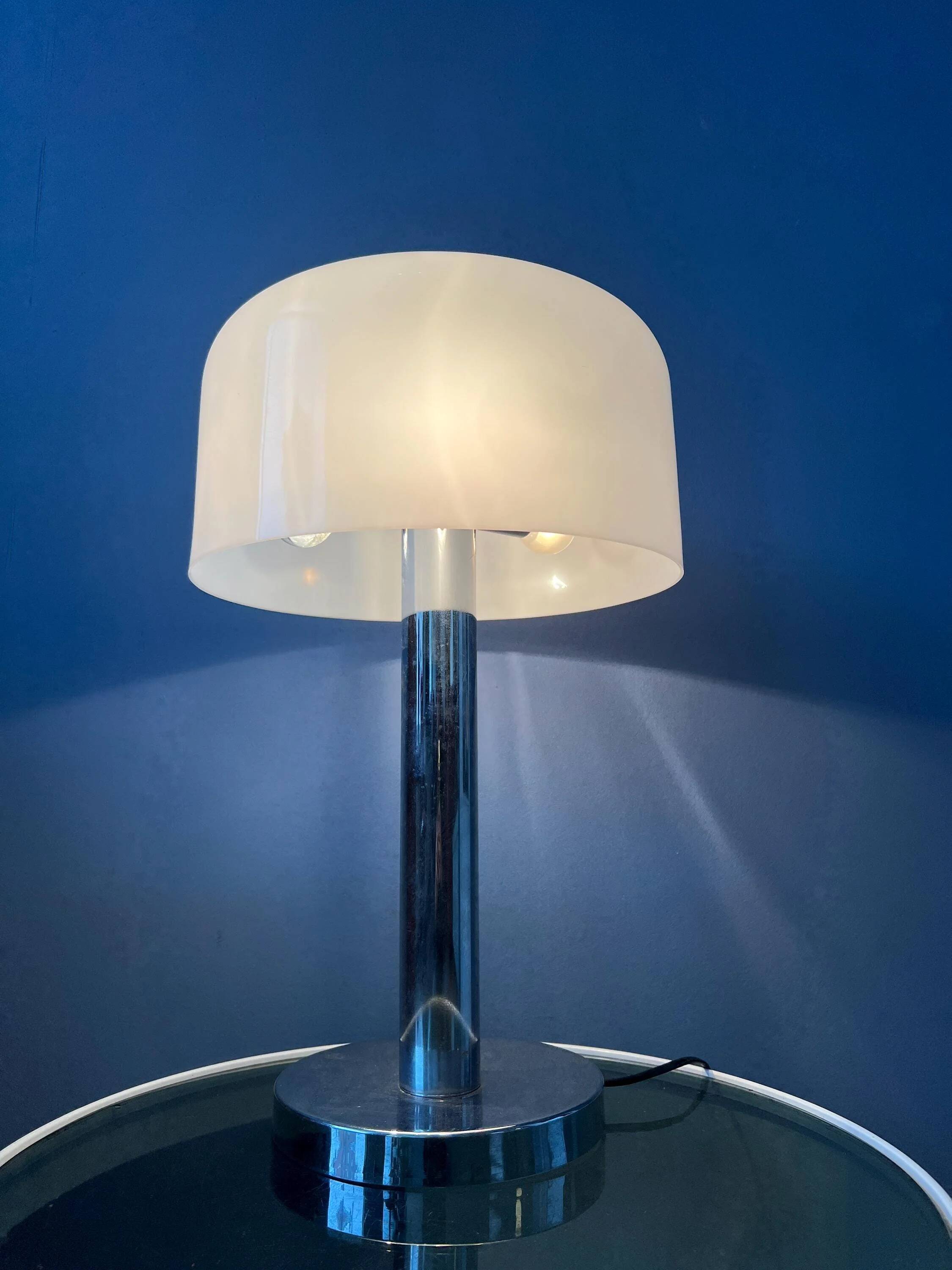 Space Age table lamp in chrome with white plexiglass mushroom shade.