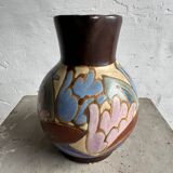 Vintage C.M. Bergen Hand-Painted Ceramic Vase — Brown & Pastel Floral Glazed Pitcher, 21cm