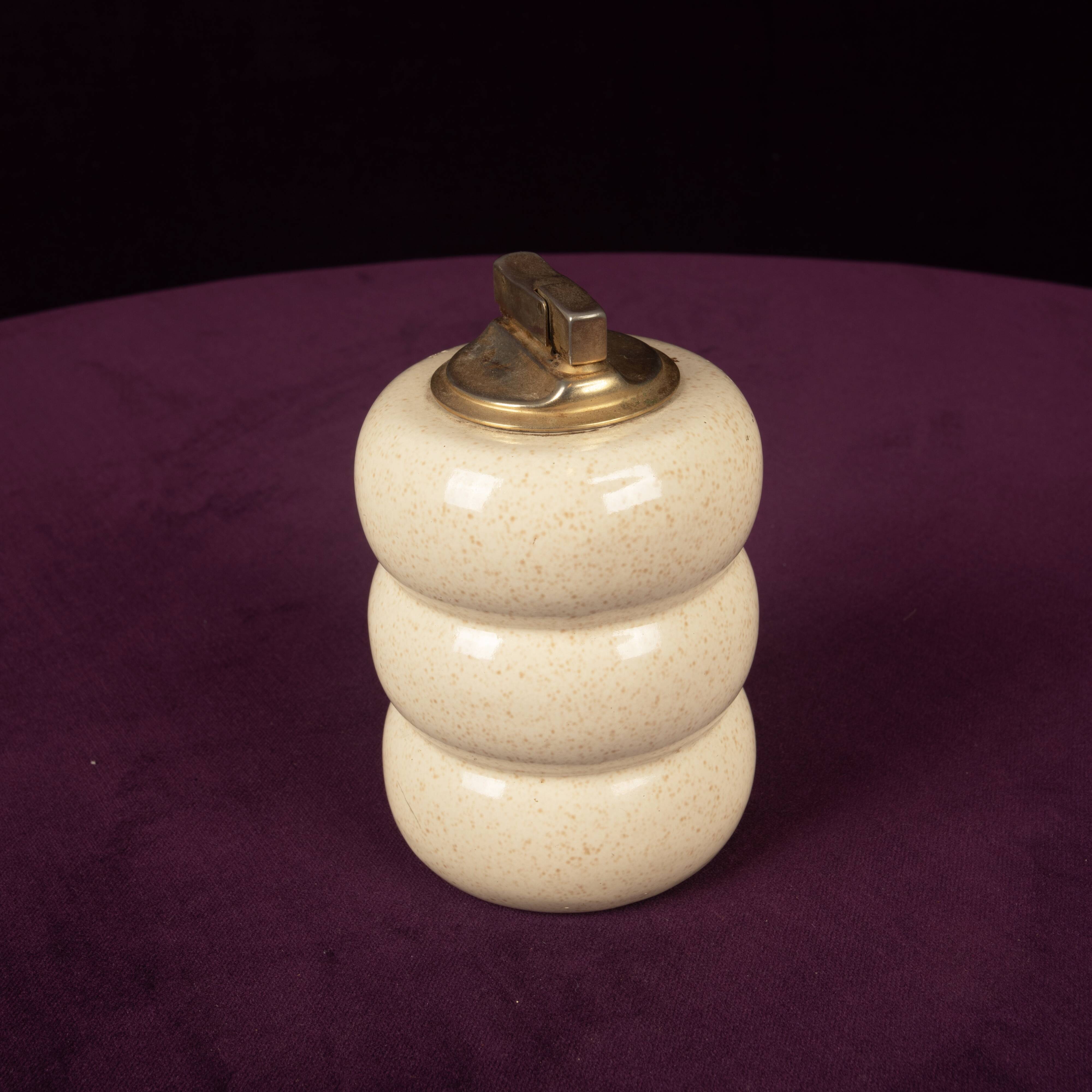 Tommaso Barbi Cream Speckled Ceramic and Brass Table Lighter 1970