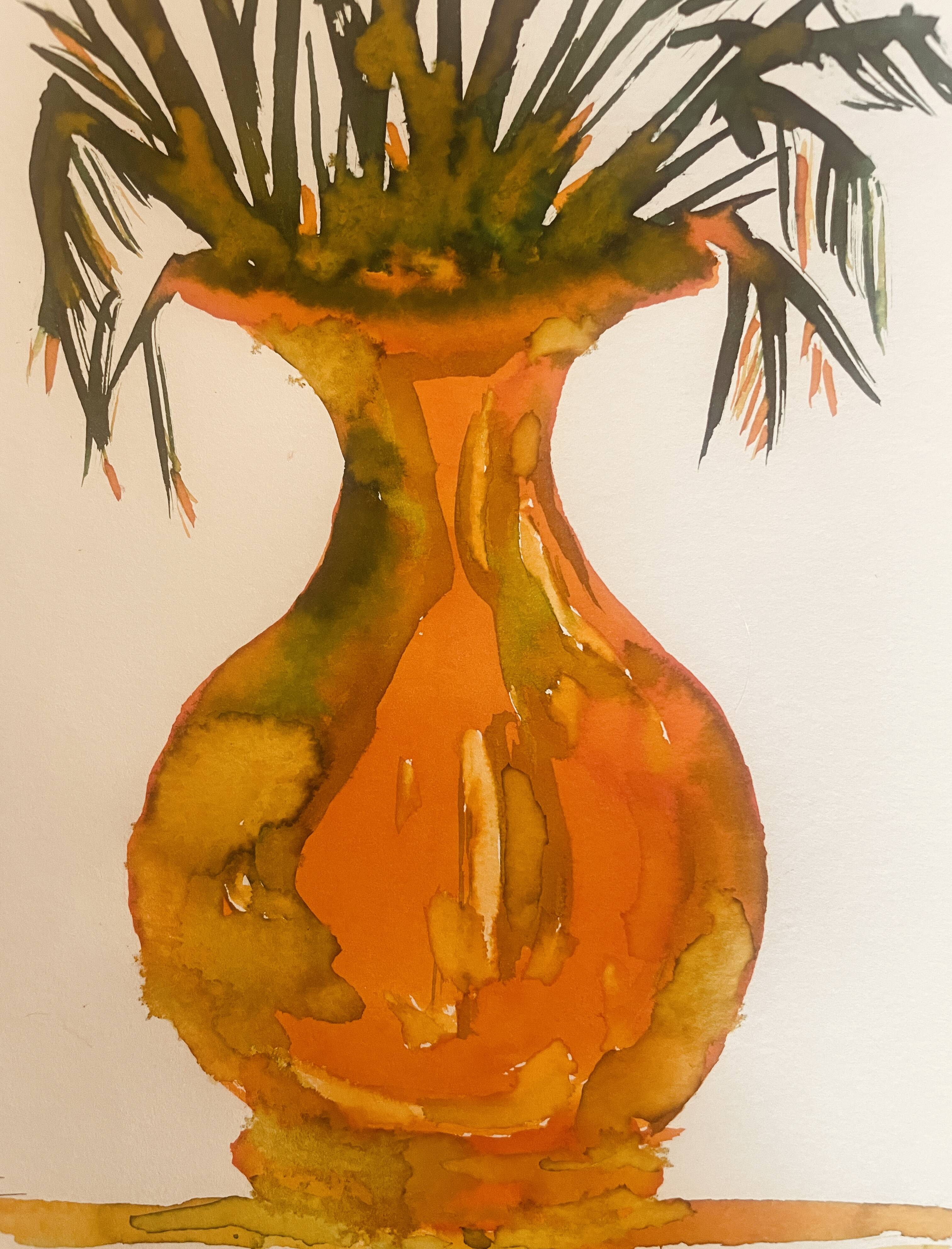Tableau signé, nature morte « jarre provençale ornée de plantes »