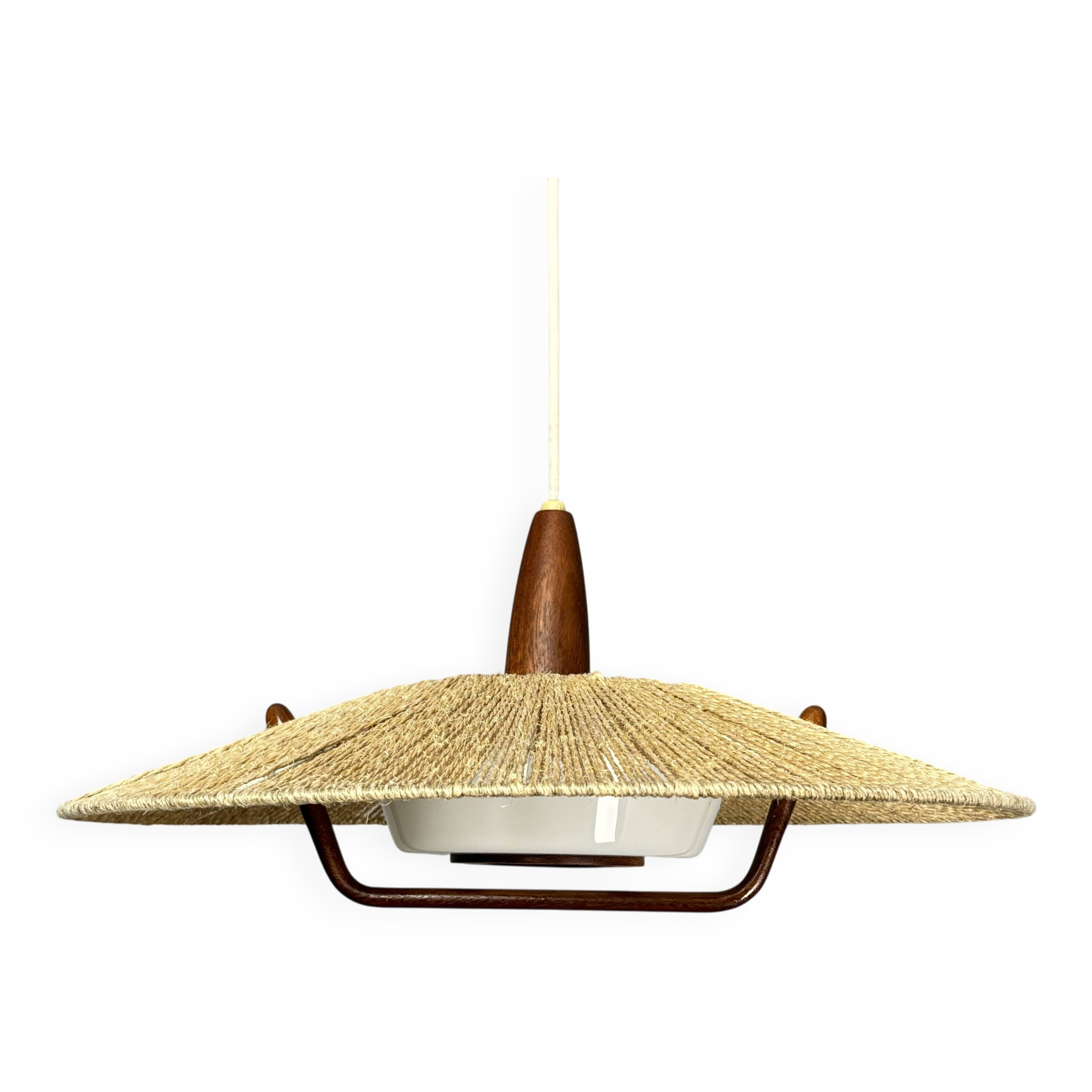 Large Mid-Century Teak and Sisal Cord Hanging Pendant by Temde Leuchten,60s