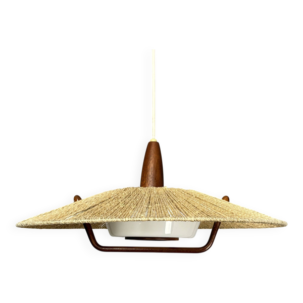 Grande suspension en teck et sisal du milieu du siècle par Temde Leuchten, années 60