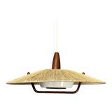 Large Mid-Century Teak and Sisal Cord Hanging Pendant by Temde Leuchten,60s