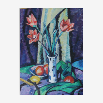 Peinture Jacqueline Boutant « nature morte aux tulipes »