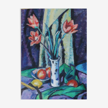 Painting Jacqueline Boutant "still life with tulips"