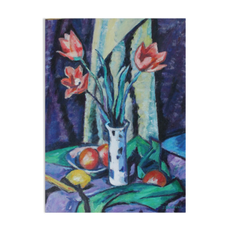 Peinture Jacqueline Boutant « nature morte aux tulipes »