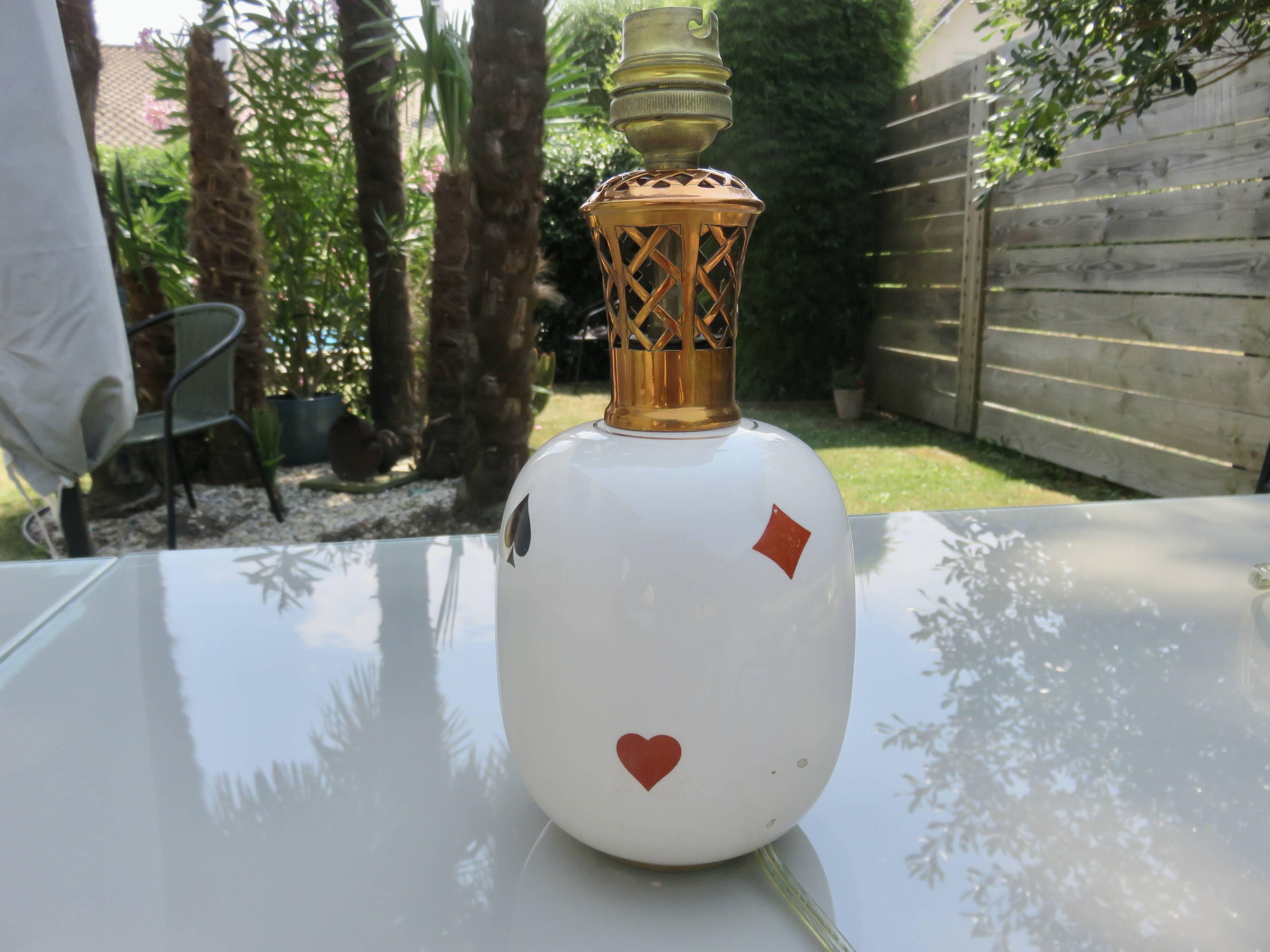 Porcelain lamp Rivière Letort, Saint Méen Le Grand "playing cards"