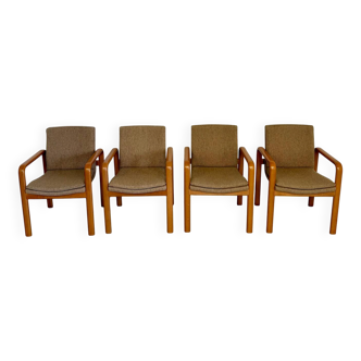 4 armchairs with armrests in beech and fabric, 1970s vintage design.