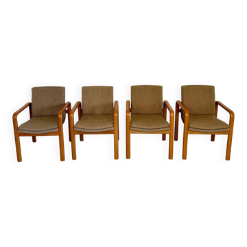 4 armchairs with armrests in beech and fabric, 1970s vintage design.