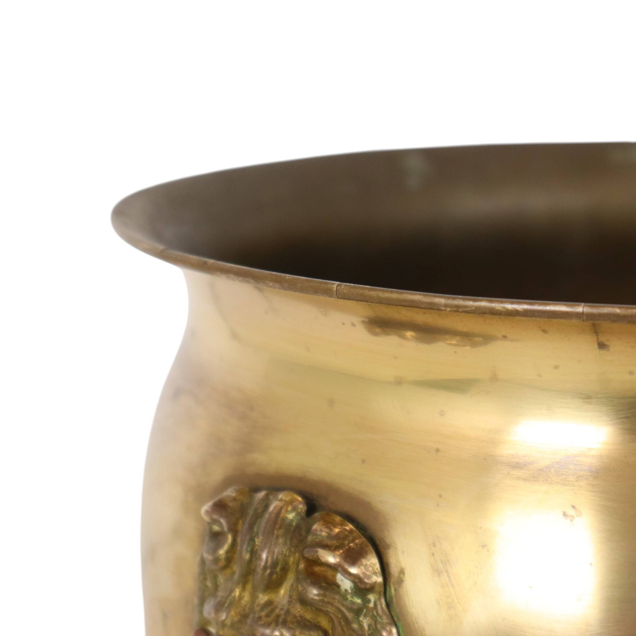 Antique Brass Jardinière Plant Pot with Lion Heads, Early 20th Century