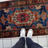 Vintage 1950s German tribal style wool rug, geometric medallion, 84cm x 180cm