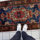 Vintage 1950s German tribal style wool rug, geometric medallion, 84cm x 180cm