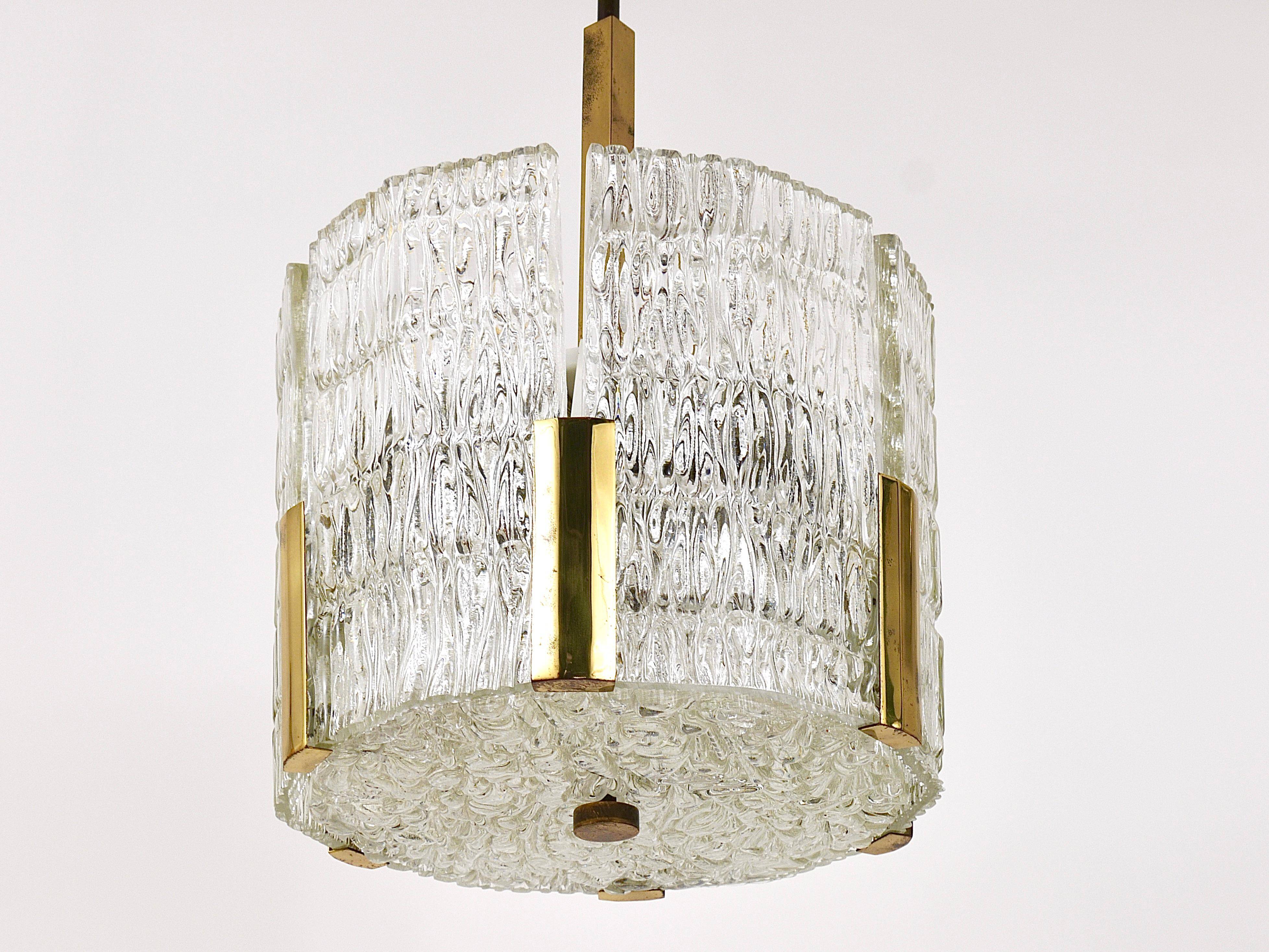 Kalmar Suspension Tambour Drum, Brass, Frosted Textured Glass, Austria, 1960s