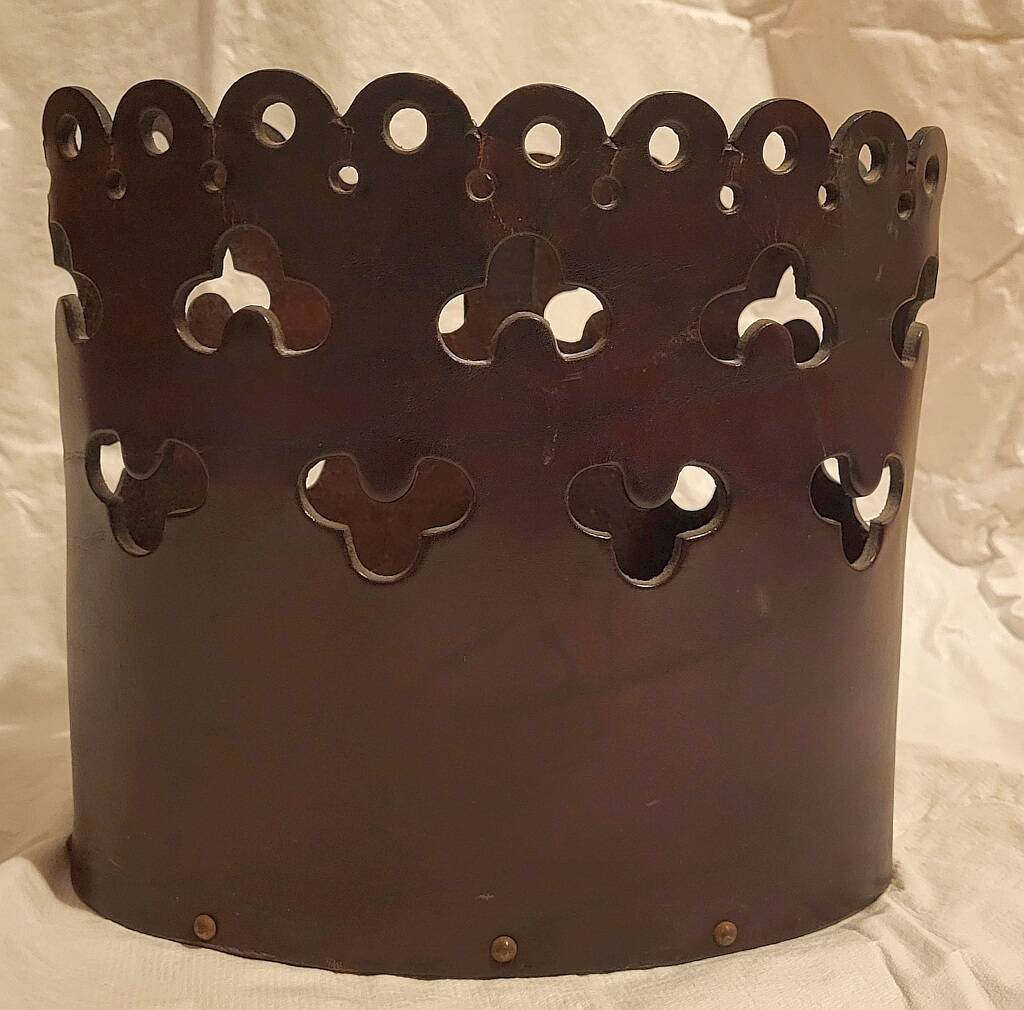 Vintage Magazine Rack Holder Waste Basket Cut Work Brown Leather Oval Shape