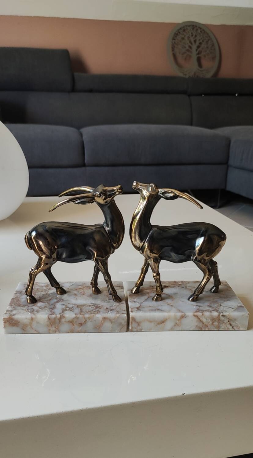 Art Deco Bookends Pair / Antelopes / Regule / Marble