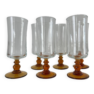 6 amber stemmed glasses