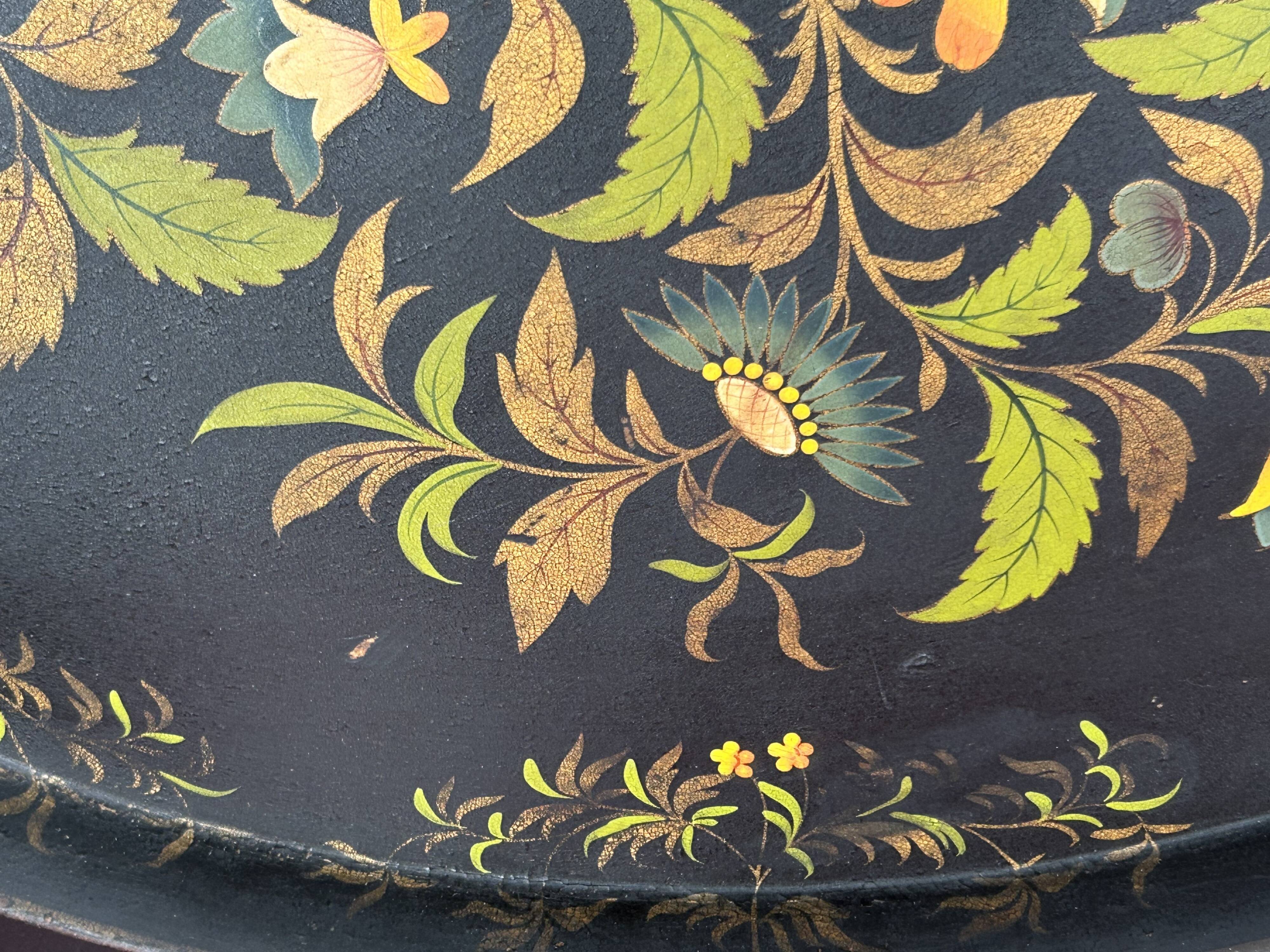 Oval tray, 19th century, hand-painted sheet metal, butterfly & bouquet, Napoleon III