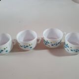 set of 4 vintage arcopal cups with small mysotis blue flowers
