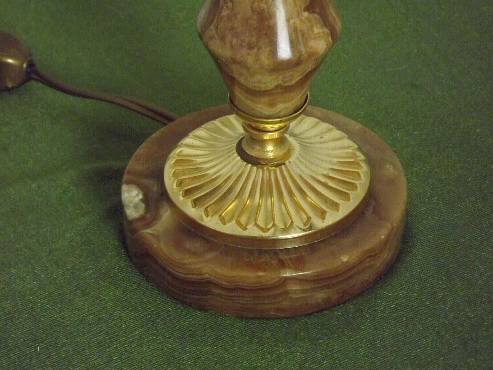 French vintage round brown marble table lamp gold detail beige fabric shade 4059