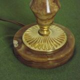 French vintage round brown marble table lamp gold detail beige fabric shade 4059