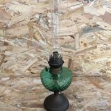 Old kerosene lamp, brass pedestal & green glass body + vintage glass tube