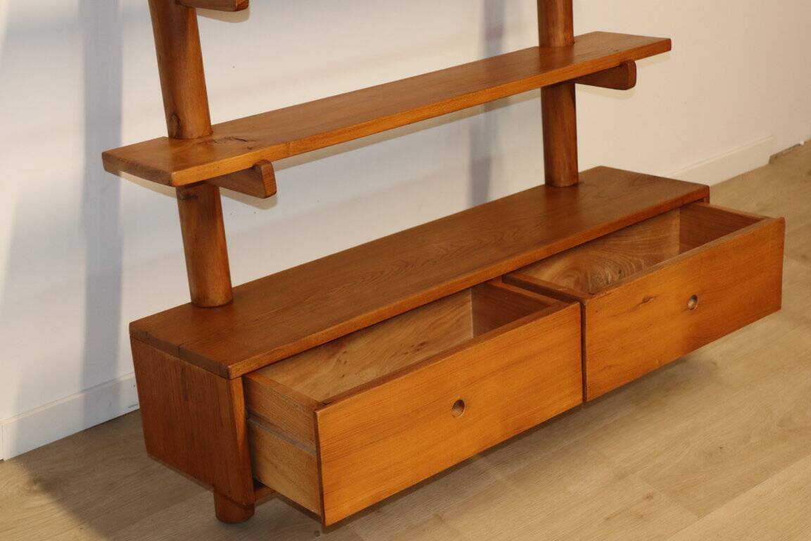 Vintage wall shelf unit in solid elm, 1970s