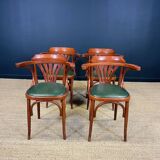 Set of 4 wooden bistro armchairs with green leatherette trim from the 80s, France
