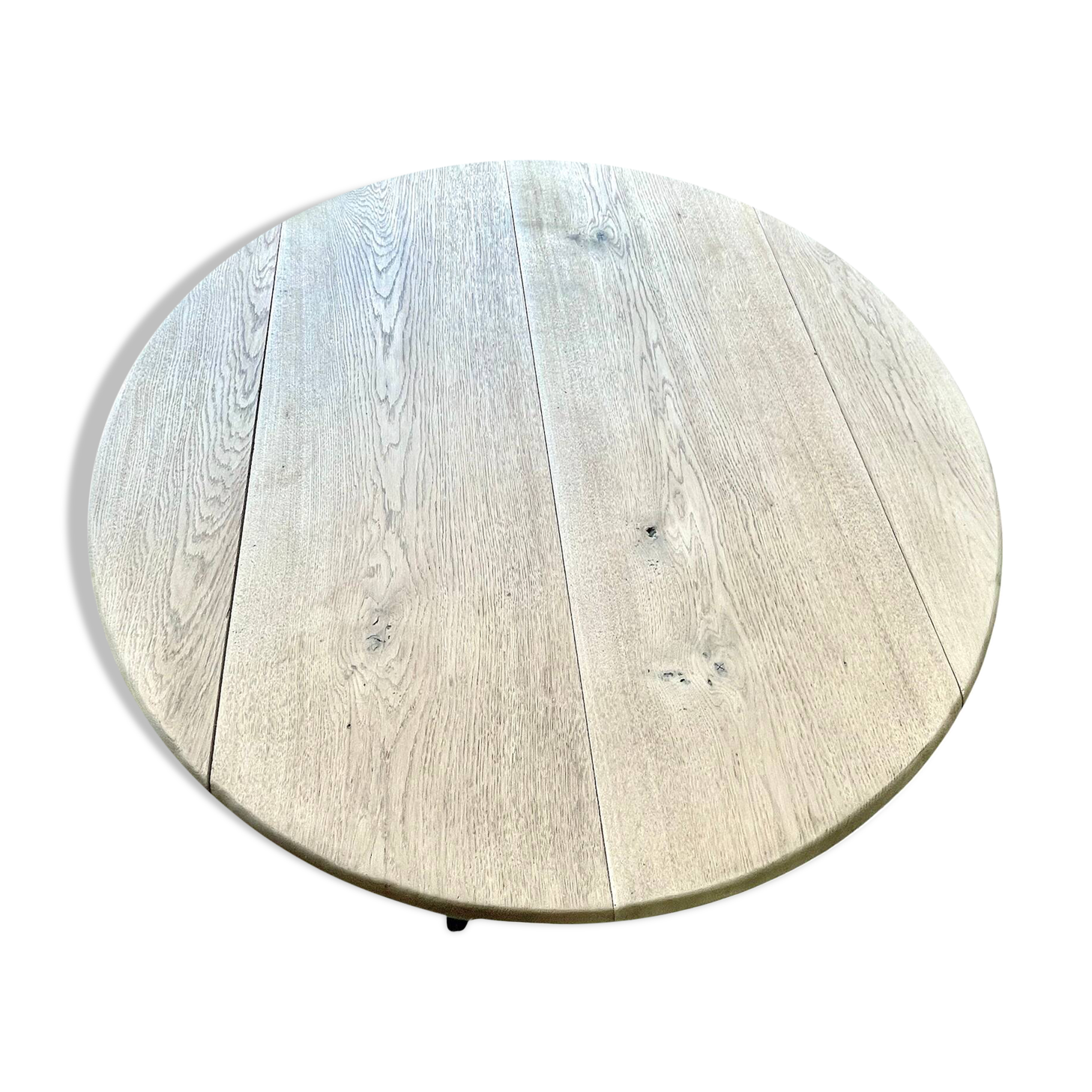 restored raw oak round table from yesteryear