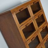 Vintage dutch oak haberdashery shop cabinet / vitrine drop down doors, 1930s
