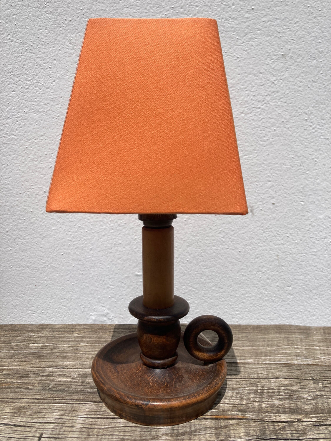 Wooden table lamp and vintage orange lampshade candle holder style
