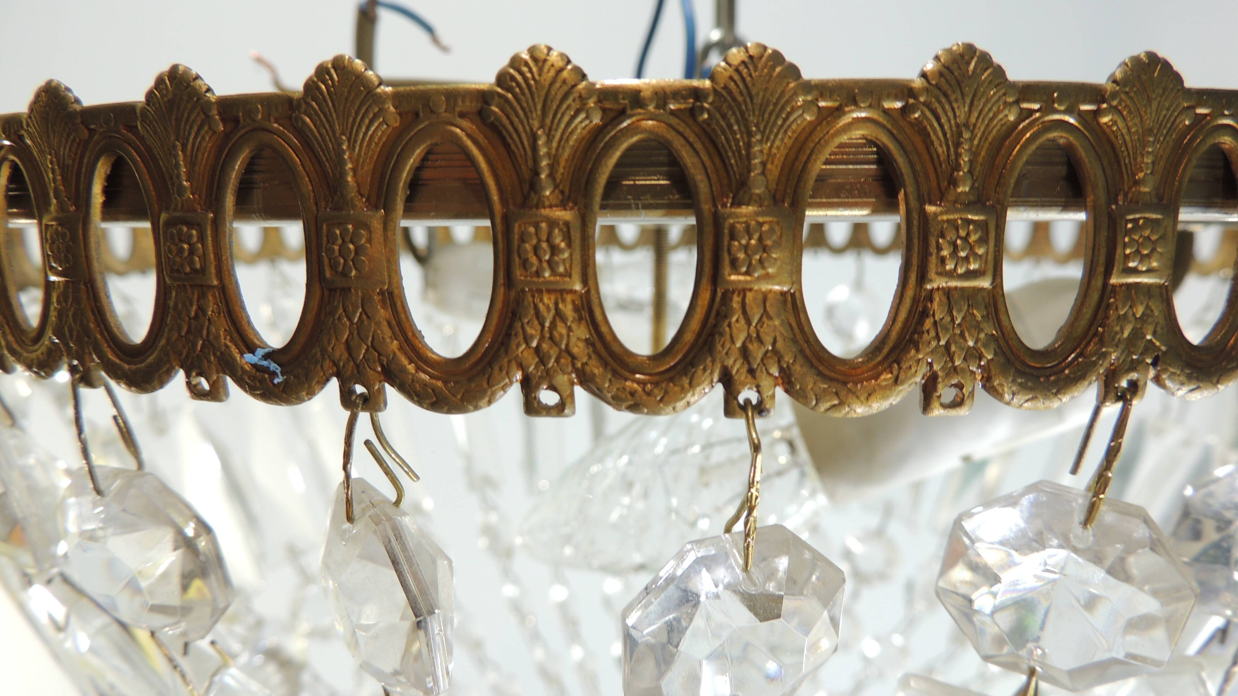 Antique crystal ceiling chandelier, Empire style, patinated gilt metal – pendant light