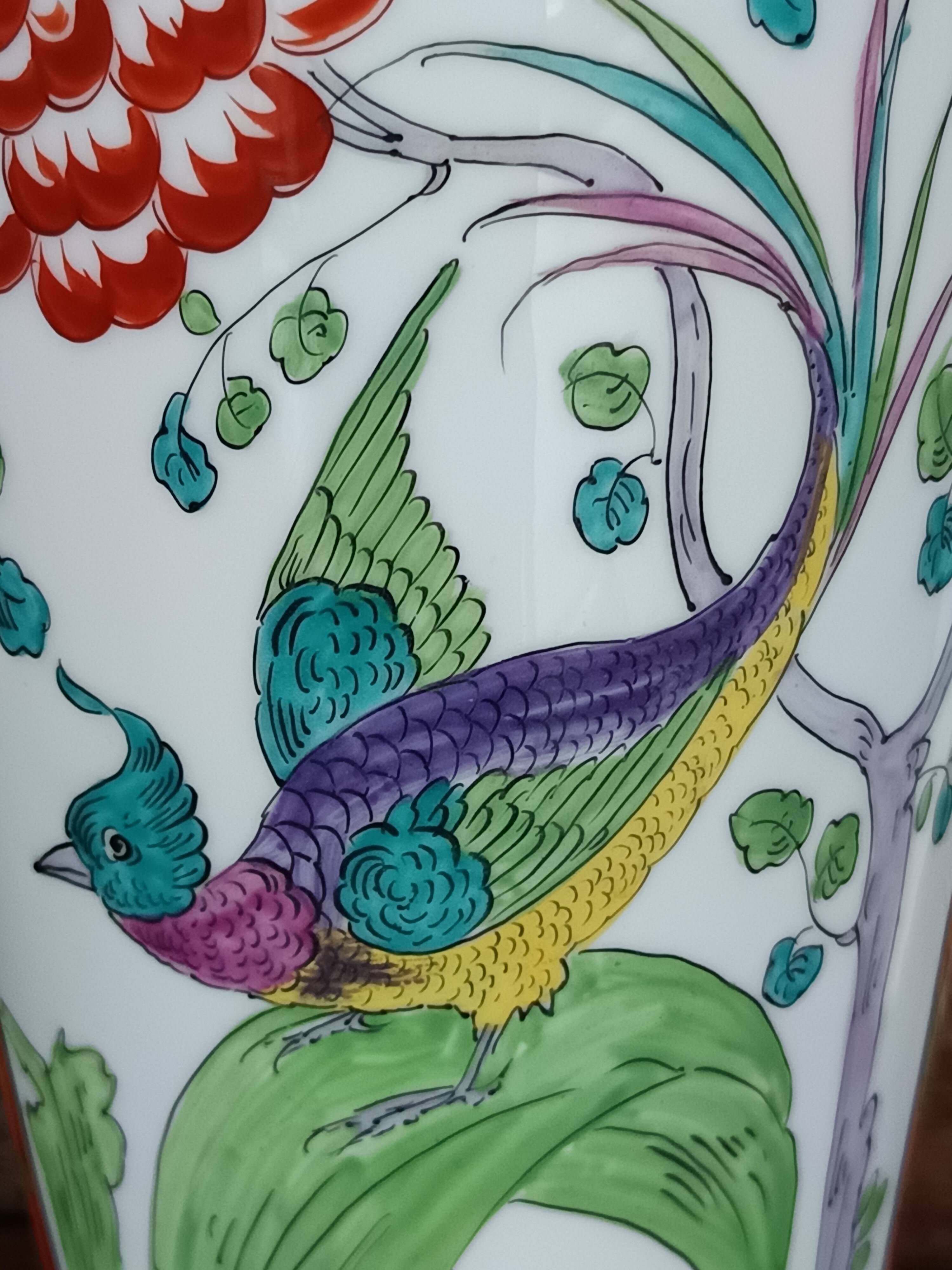 Jean Boyer porcelain vase with floral and vegetal decoration and bird of paradise