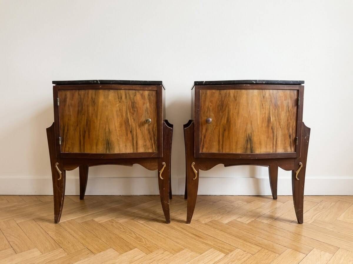 Pair of Art Deco bedside tables in wood and black marble