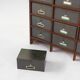 Industrial filing cabinet in wood with 30 original cardboard storage boxes, Belgium, 1920s