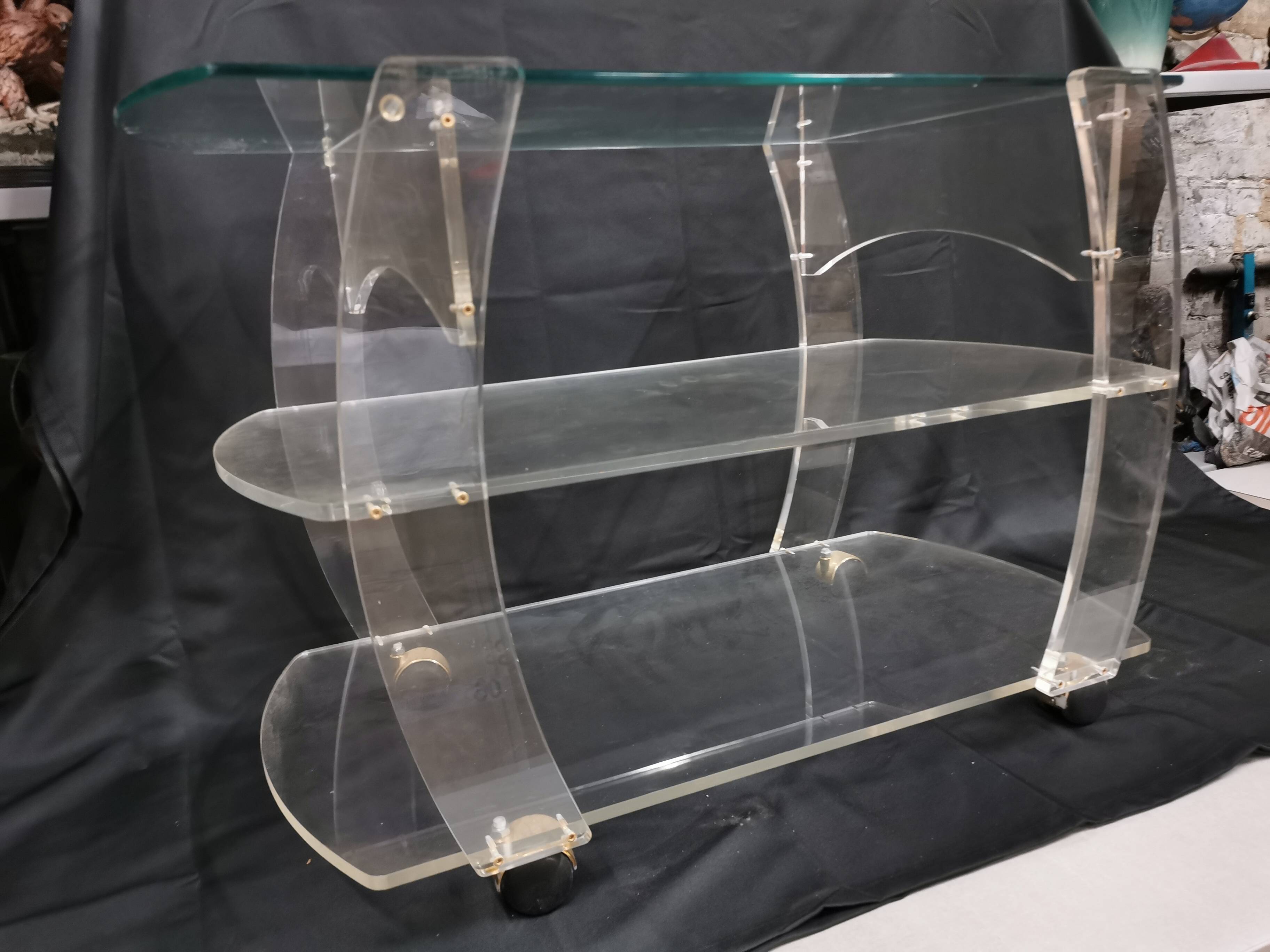 Vintage plexiglass trolley, david lange table on wheels