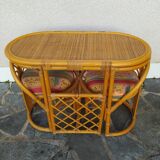 Vintage rattan tête-à-tête table with 2 armchairs