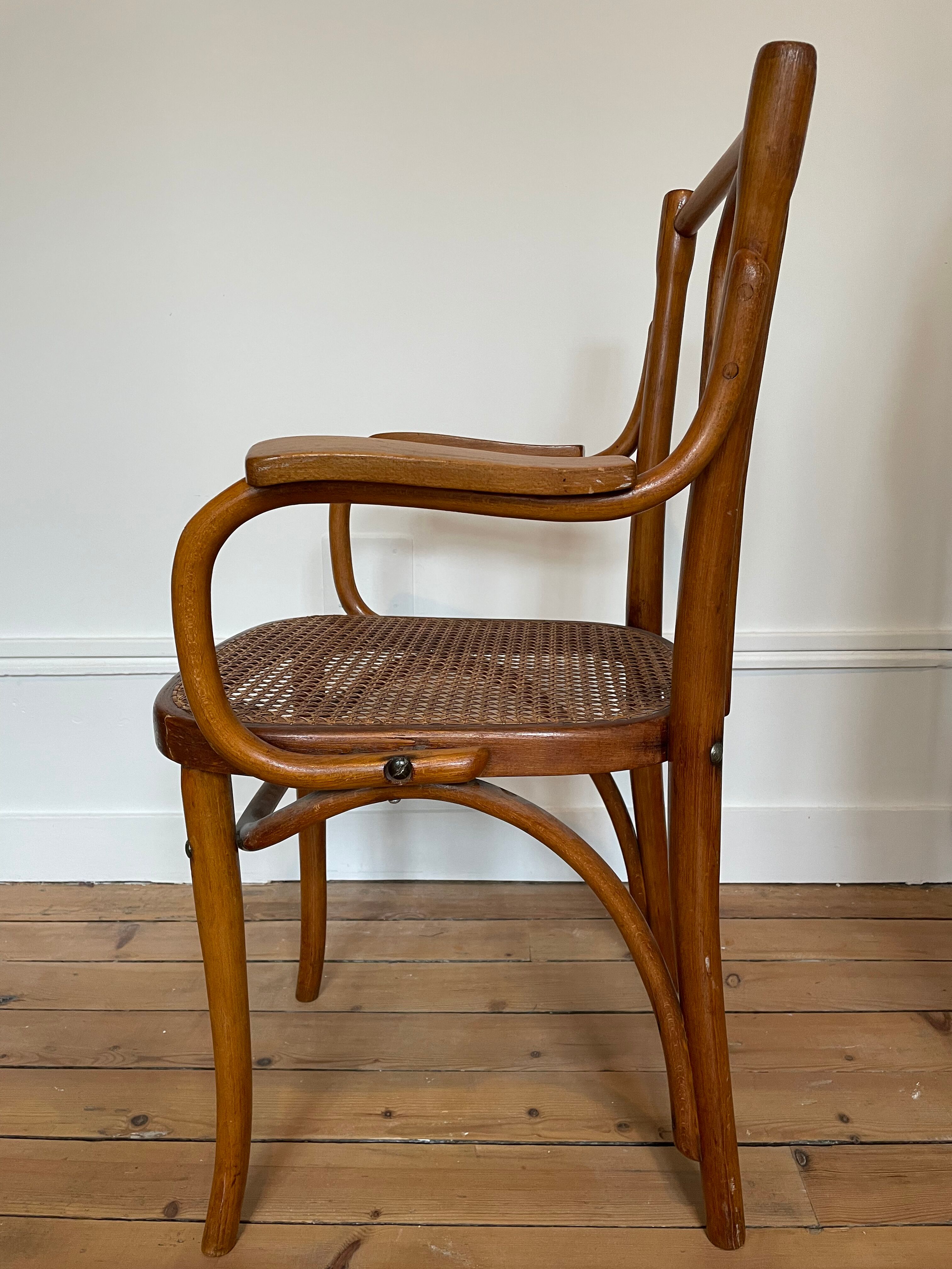 Old thonet armchair in curved wood and rattan cane