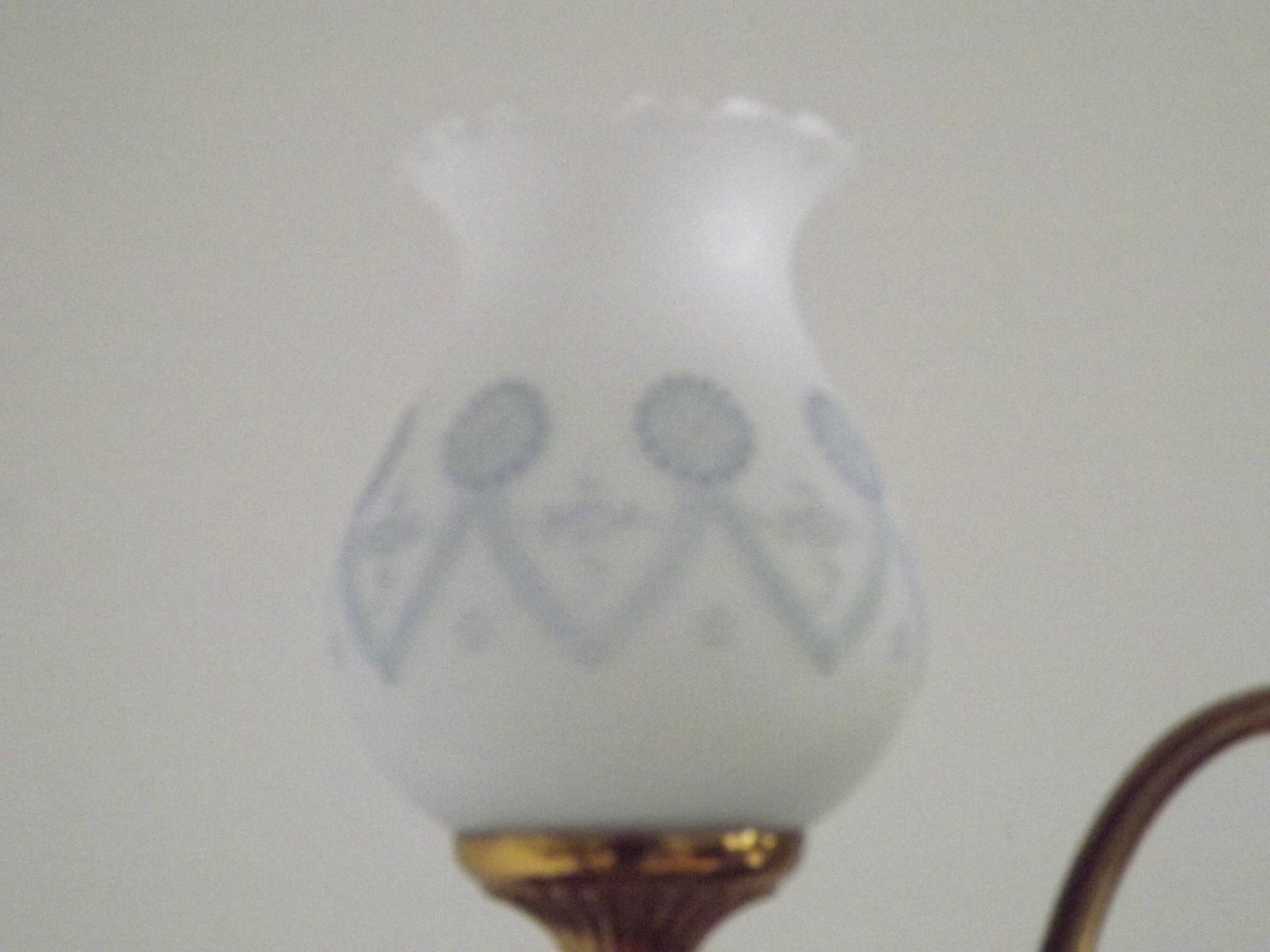 3 Light Vintage French Chandelier Gold Metal Glass Column & Decorated Shade