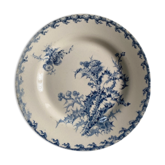Flat plate in opaque gien porcelain, thistle pattern.