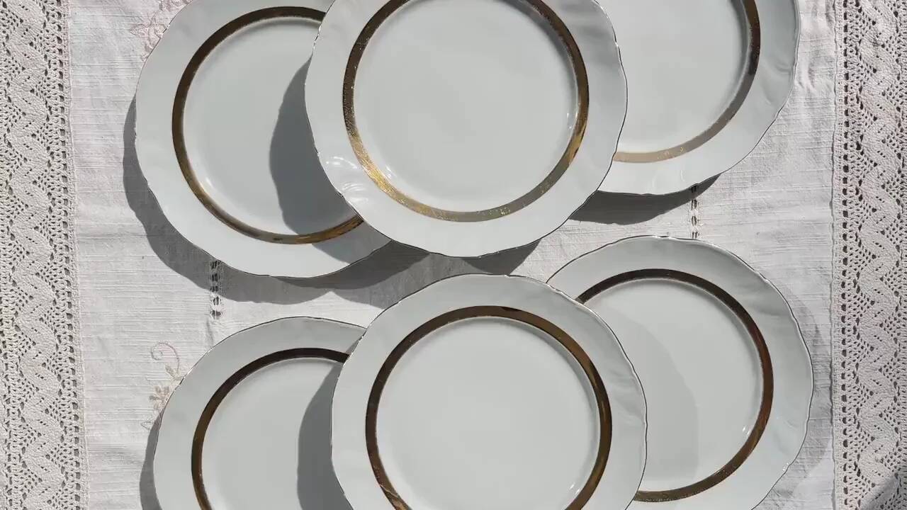 6 Vintage White and Gold Porcelain Dinner Plates Limoge France ADP "Ariane" - Elegant Antique French Tableware