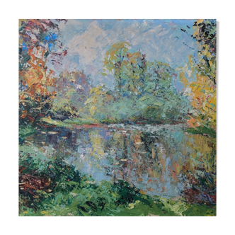 Oil on vintage panel signed, "Le Printemps"
