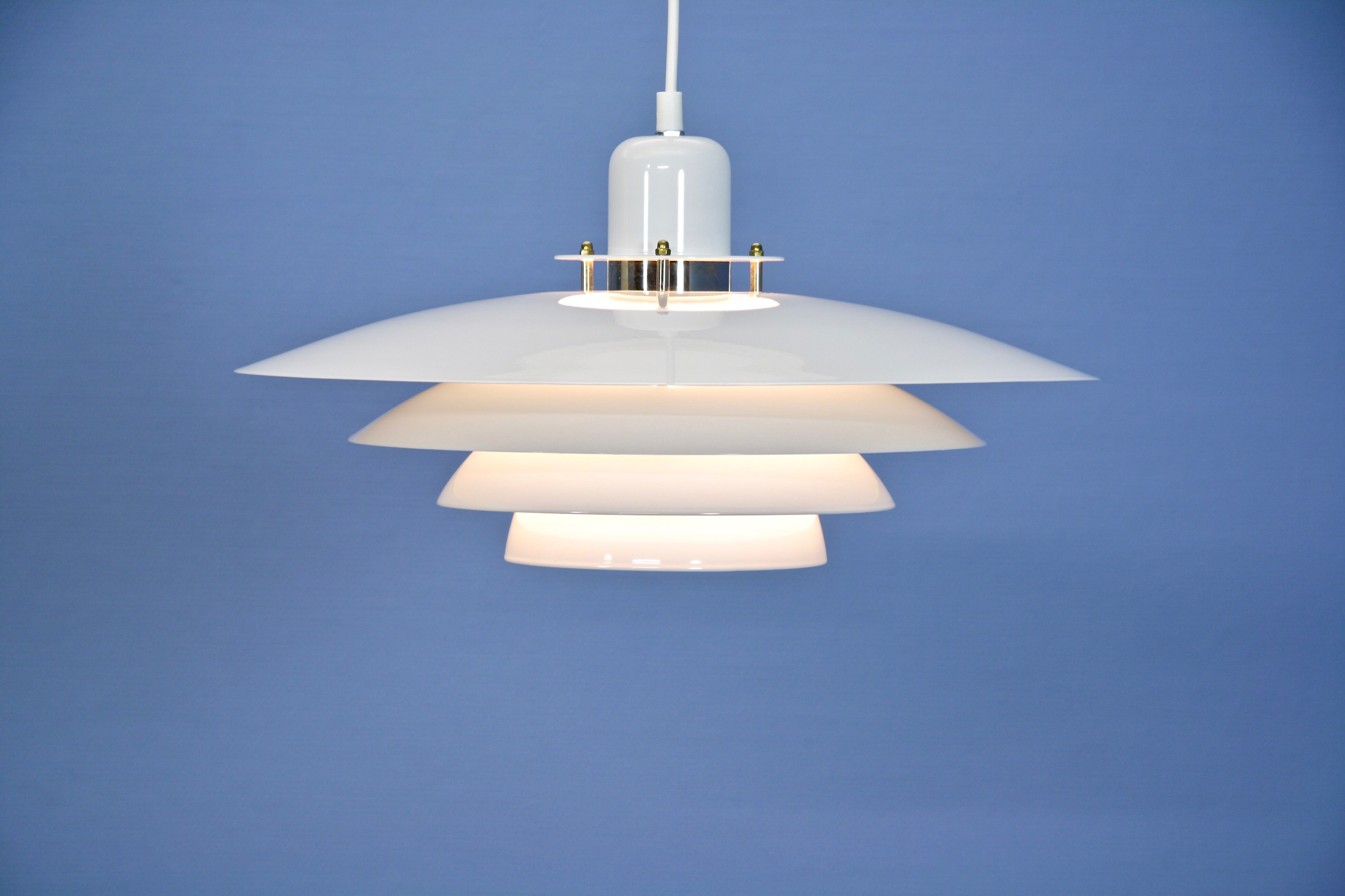 Danish hanging lamp in white with brass accent, 1980s
