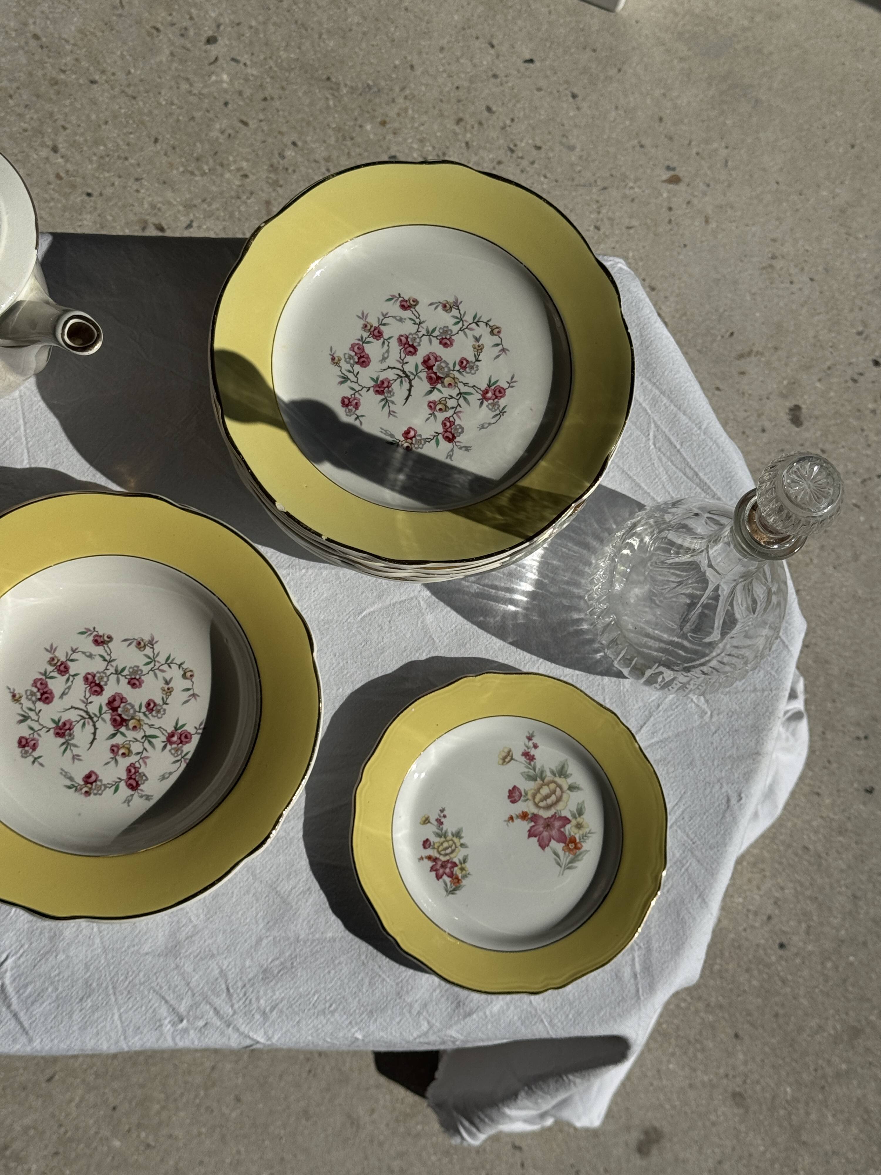 Lot de 19 grandes assiettes plates vintage jaunes fleurs roses liseré doré