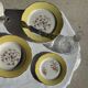 Lot de 19 grandes assiettes plates vintage jaunes fleurs roses liseré doré