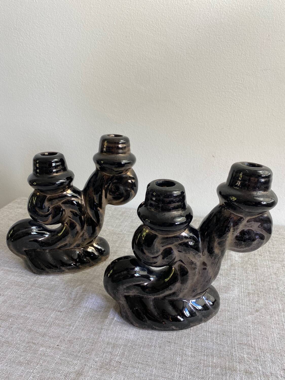 Pair of Vallauris iridescent ceramic candle holders